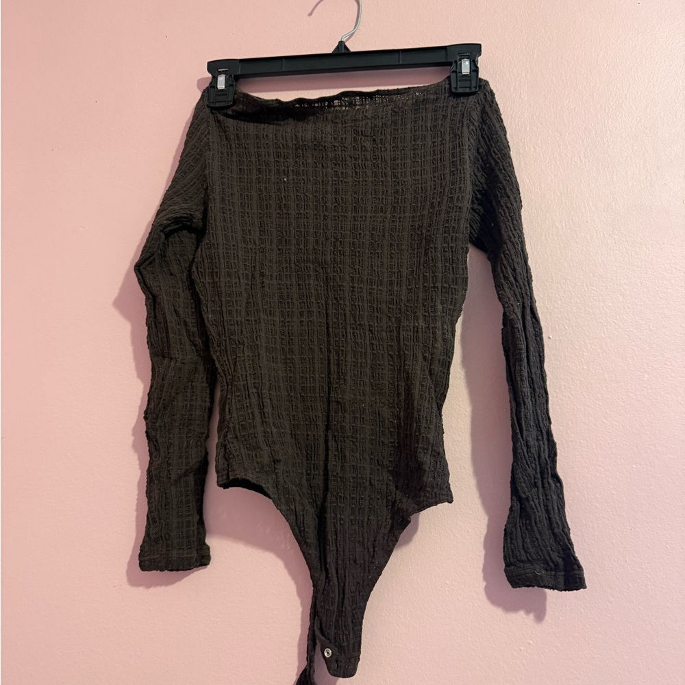 Wolford Dark Brown Long Sleeve Textured Off-Shoulder Bodysuit